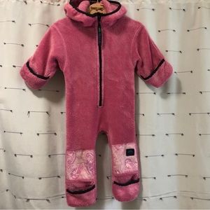 Molehill pink fleece bunting suit fold over mitts and feet rear zipper 3-9 m